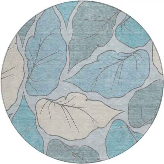 8' Teal Blue And Ivory Round Botanical Leaves Washable Indoor Outdoor Area Rug Photo 2