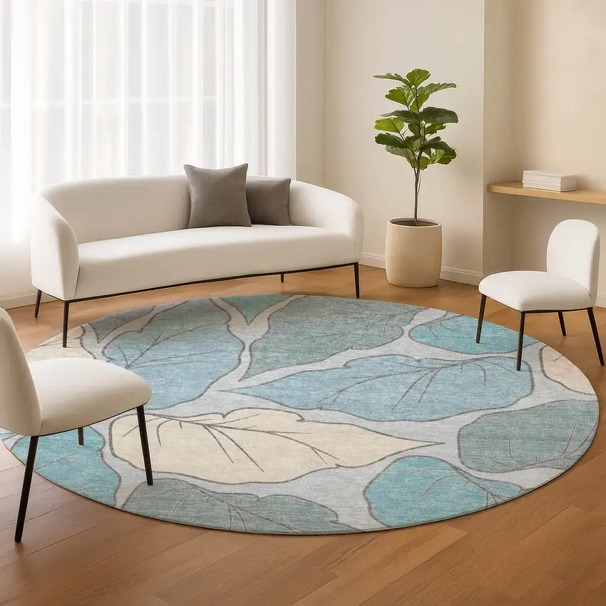 8' Teal Blue And Ivory Round Botanical Leaves Washable Indoor Outdoor Area Rug Photo 9