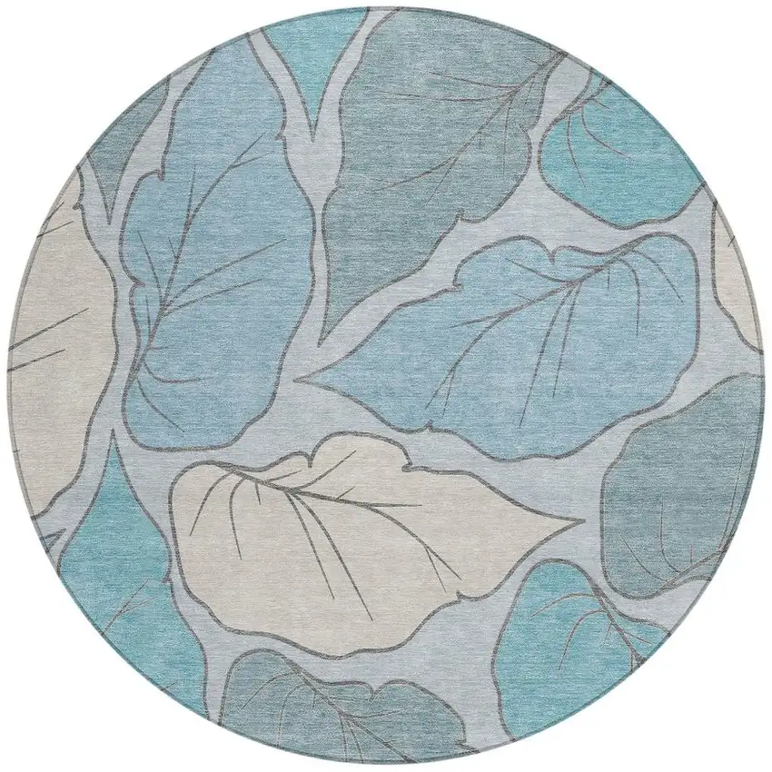 8' Teal Blue And Ivory Round Botanical Leaves Washable Indoor Outdoor Area Rug Photo 4