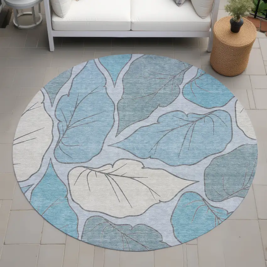 8' Teal Blue And Ivory Round Botanical Leaves Washable Indoor Outdoor Area Rug Photo 8