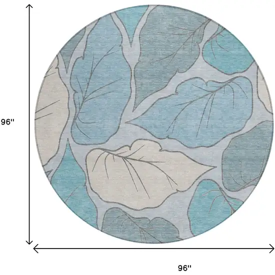 8' Teal Blue And Ivory Round Botanical Leaves Washable Indoor Outdoor Area Rug Photo 3