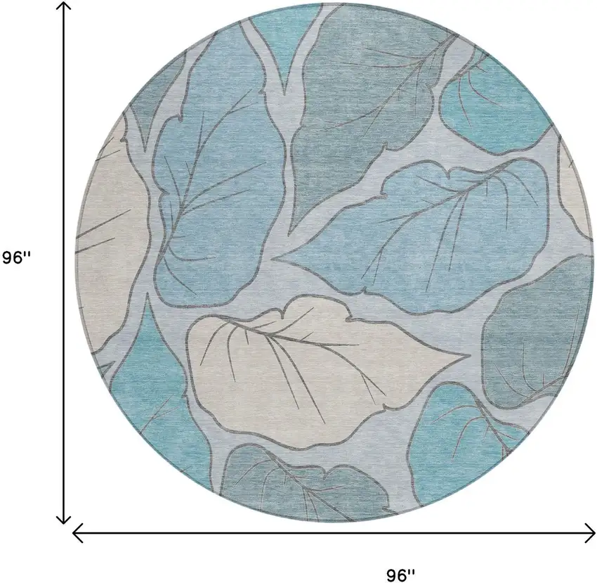 8' Teal Blue And Ivory Round Botanical Leaves Washable Indoor Outdoor Area Rug Photo 3