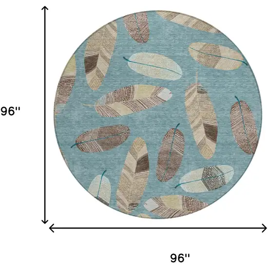 8' Teal Blue And Ivory Round Botanical Leaves Washable Indoor Outdoor Area Rug Photo 8