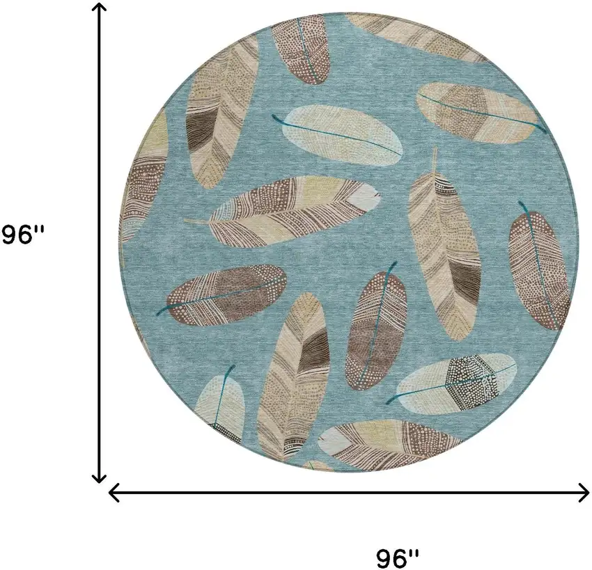 8' Teal Blue And Ivory Round Botanical Leaves Washable Indoor Outdoor Area Rug Photo 8