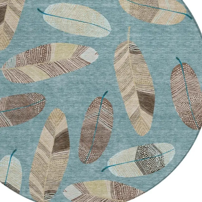 8' Teal Blue And Ivory Round Botanical Leaves Washable Indoor Outdoor Area Rug Photo 5