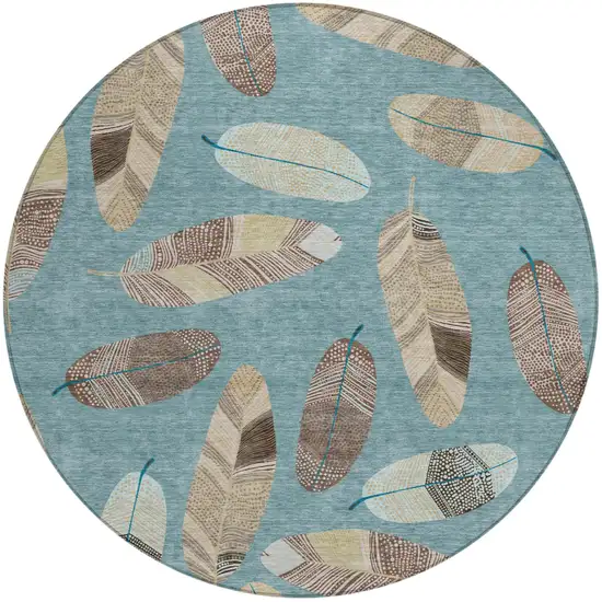 8' Teal Blue And Ivory Round Botanical Leaves Washable Indoor Outdoor Area Rug Photo 2