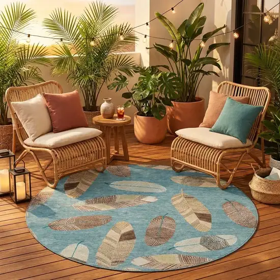 8' Teal Blue And Ivory Round Botanical Leaves Washable Indoor Outdoor Area Rug Photo 1