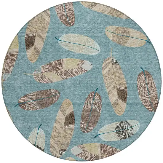 8' Teal Blue And Ivory Round Botanical Leaves Washable Indoor Outdoor Area Rug Photo 4