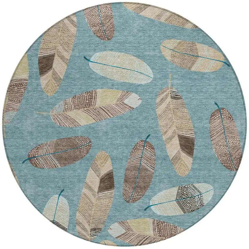 8' Teal Blue And Ivory Round Botanical Leaves Washable Indoor Outdoor Area Rug Photo 3