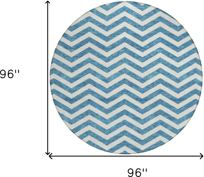 8' Teal Blue And Ivory Round Chevron Washable Indoor Outdoor Area Rug Photo 3