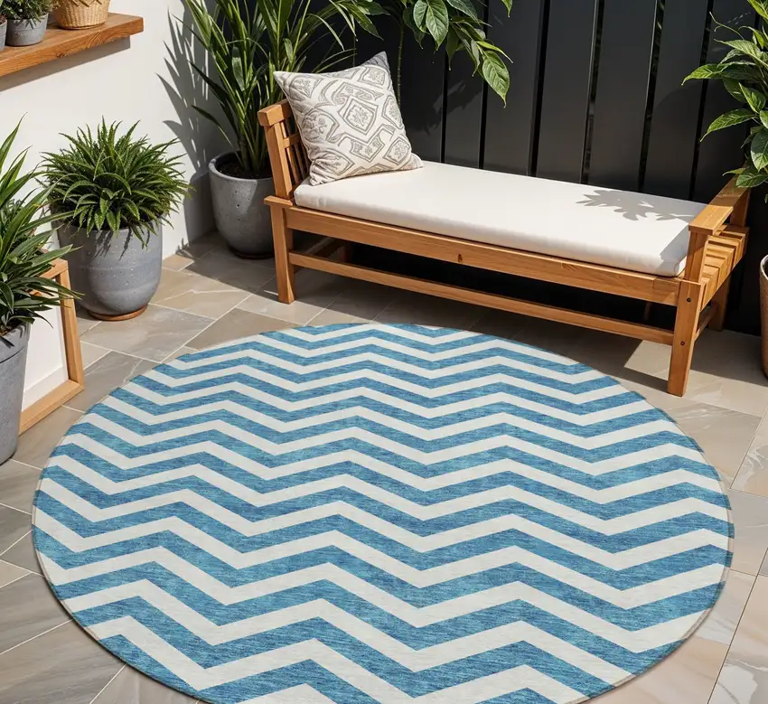 8' Teal Blue And Ivory Round Chevron Washable Indoor Outdoor Area Rug Photo 1