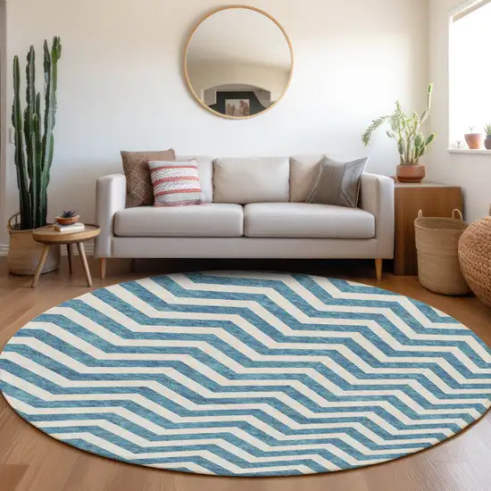 8' Teal Blue And Ivory Round Chevron Washable Indoor Outdoor Area Rug Photo 8