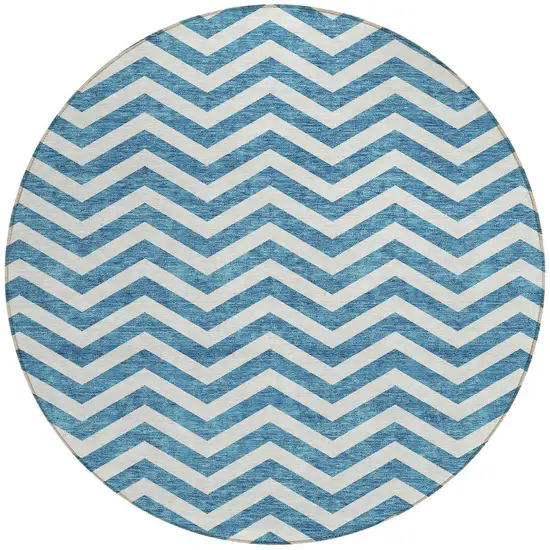 8' Teal Blue And Ivory Round Chevron Washable Indoor Outdoor Area Rug Photo 4