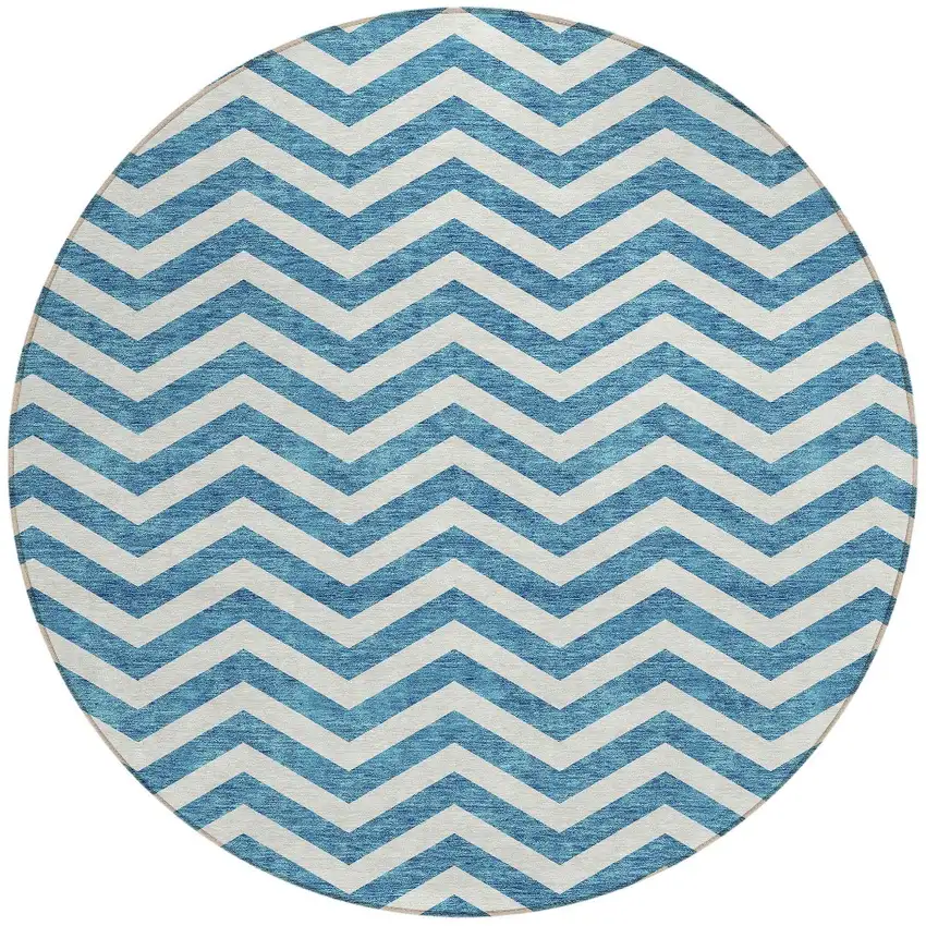 8' Teal Blue And Ivory Round Chevron Washable Indoor Outdoor Area Rug Photo 4
