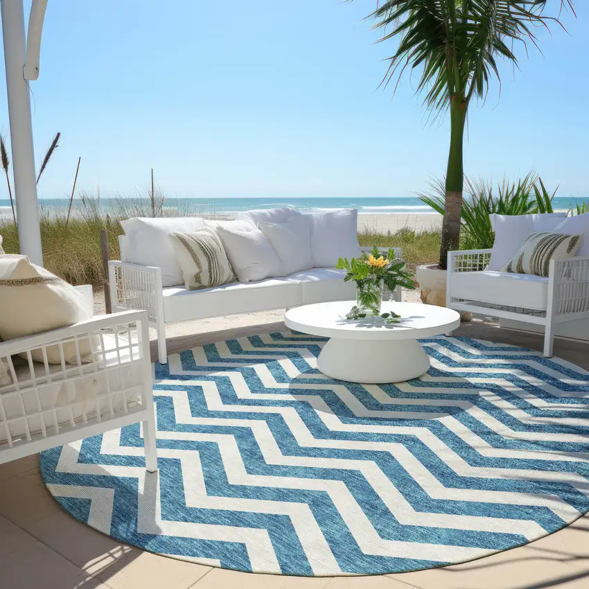 8' Teal Blue And Ivory Round Chevron Washable Indoor Outdoor Area Rug Photo 7