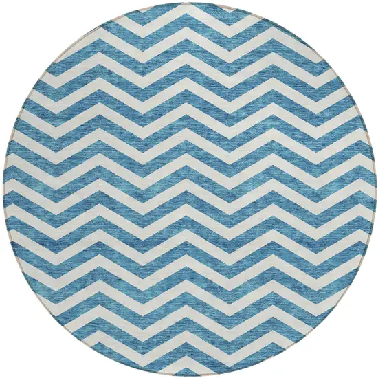 8' Teal Blue And Ivory Round Chevron Washable Indoor Outdoor Area Rug Photo 2