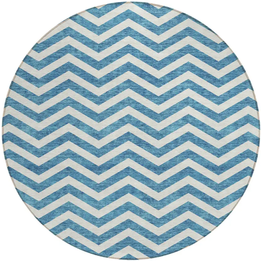 8' Teal Blue And Ivory Round Chevron Washable Indoor Outdoor Area Rug Photo 2