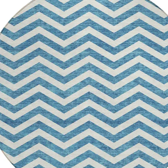 8' Teal Blue And Ivory Round Chevron Washable Indoor Outdoor Area Rug Photo 6