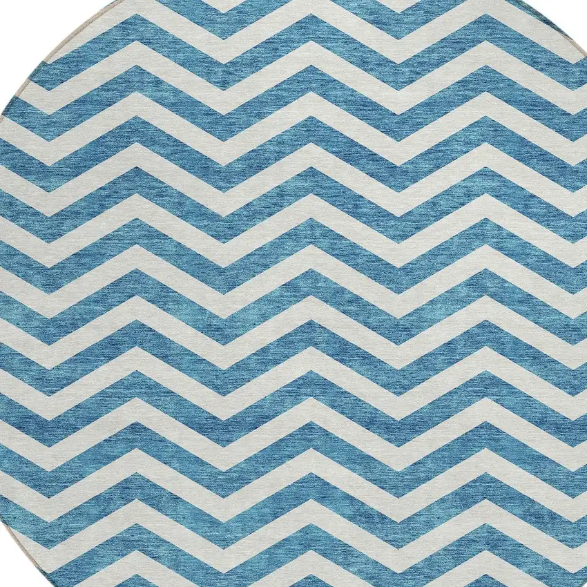 8' Teal Blue And Ivory Round Chevron Washable Indoor Outdoor Area Rug Photo 6