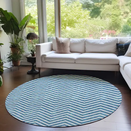 8' Teal Blue And Ivory Round Chevron Washable Indoor Outdoor Area Rug Photo 8