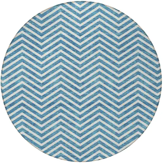 8' Teal Blue And Ivory Round Chevron Washable Indoor Outdoor Area Rug Photo 6