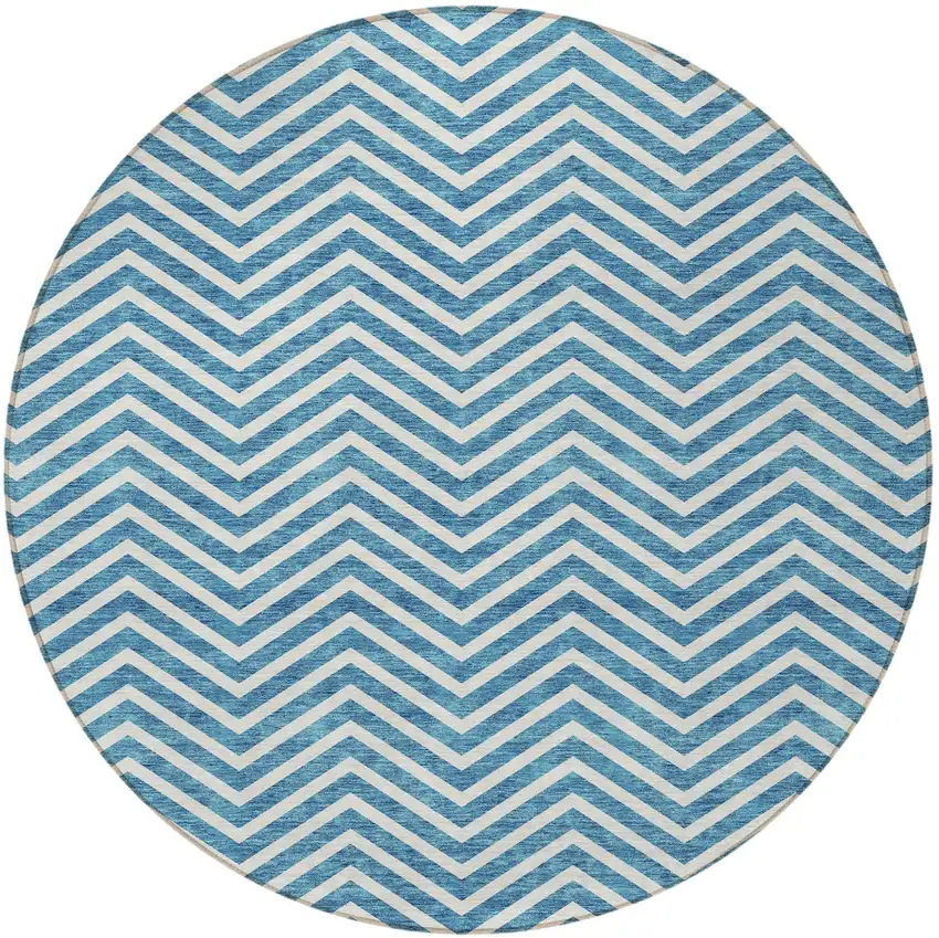 8' Teal Blue And Ivory Round Chevron Washable Indoor Outdoor Area Rug Photo 6