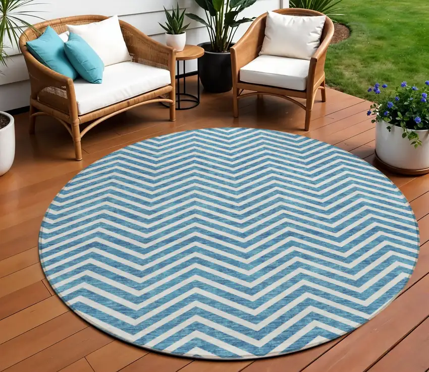 8' Teal Blue And Ivory Round Chevron Washable Indoor Outdoor Area Rug Photo 1