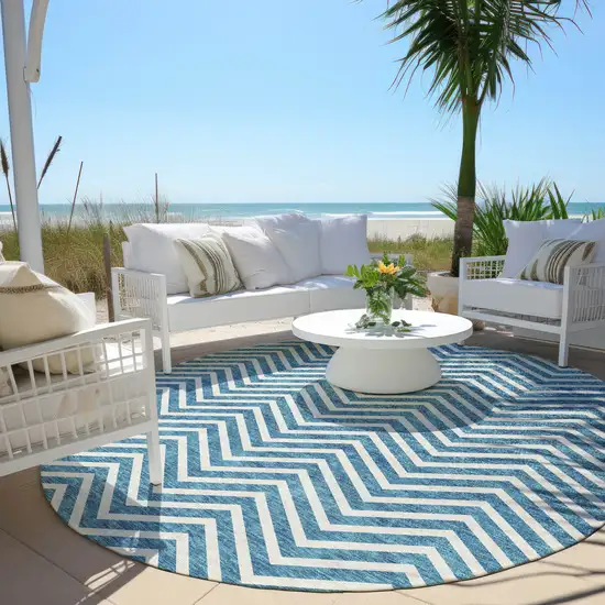8' Teal Blue And Ivory Round Chevron Washable Indoor Outdoor Area Rug Photo 7