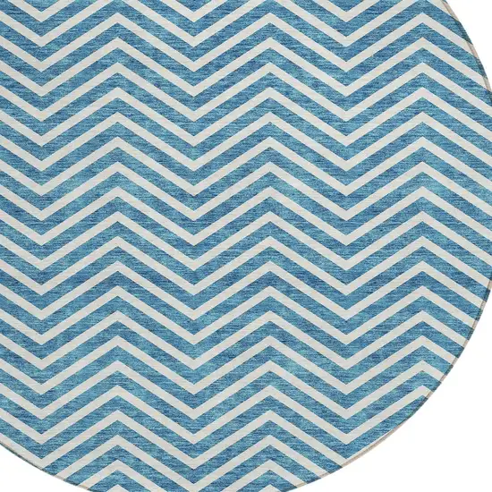 8' Teal Blue And Ivory Round Chevron Washable Indoor Outdoor Area Rug Photo 4