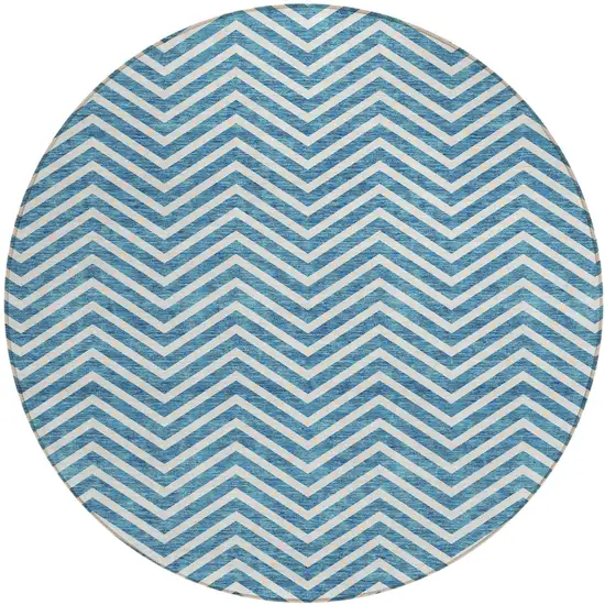 8' Teal Blue And Ivory Round Chevron Washable Indoor Outdoor Area Rug Photo 2