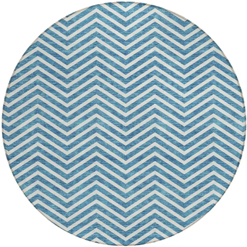 8' Teal Blue And Ivory Round Chevron Washable Indoor Outdoor Area Rug Photo 2