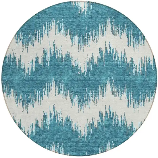 8' Teal Blue And Ivory Round Chevron Washable Indoor Outdoor Area Rug Photo 6