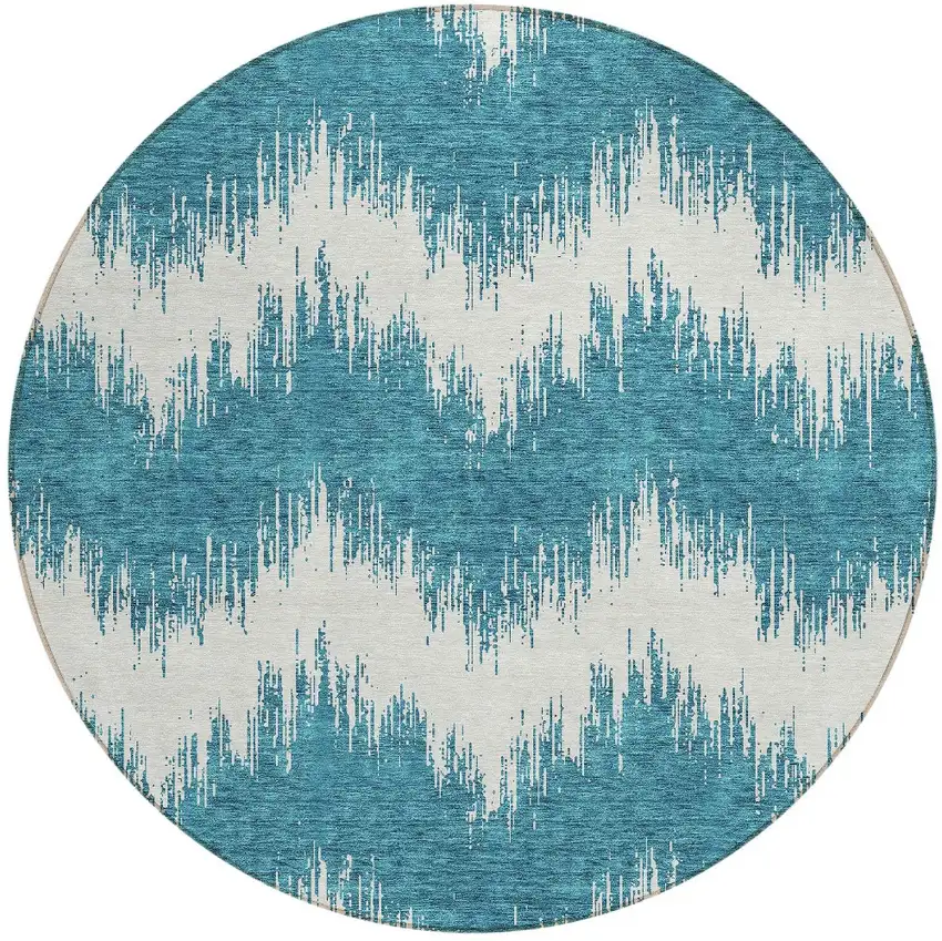 8' Teal Blue And Ivory Round Chevron Washable Indoor Outdoor Area Rug Photo 6