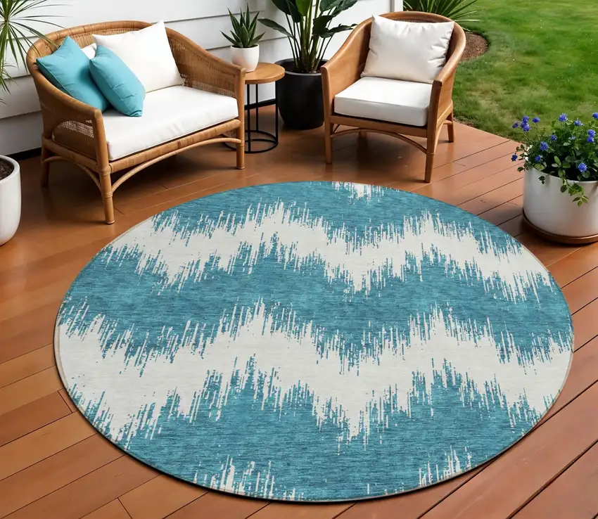 8' Teal Blue And Ivory Round Chevron Washable Indoor Outdoor Area Rug Photo 1