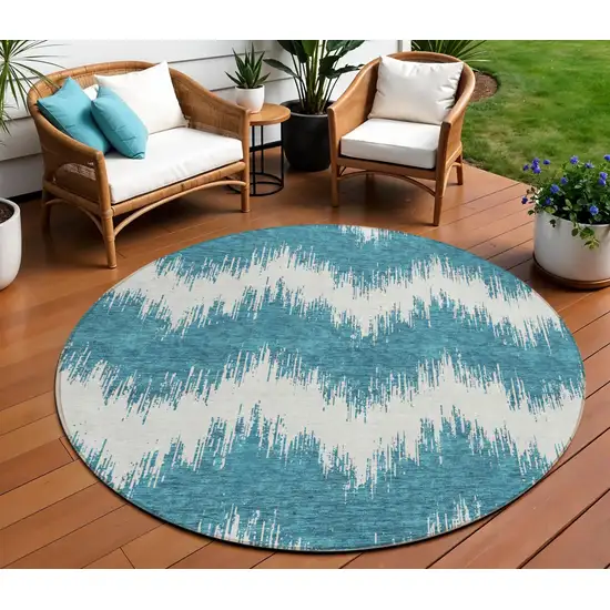 8' Teal Blue And Ivory Round Chevron Washable Indoor Outdoor Area Rug Photo 1