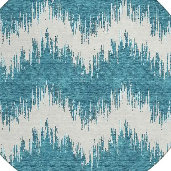 8' Teal Blue And Ivory Round Chevron Washable Indoor Outdoor Area Rug Photo 5