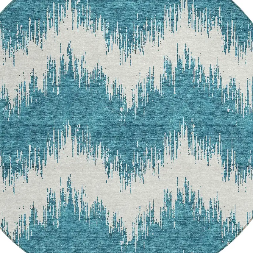 8' Teal Blue And Ivory Round Chevron Washable Indoor Outdoor Area Rug Photo 5