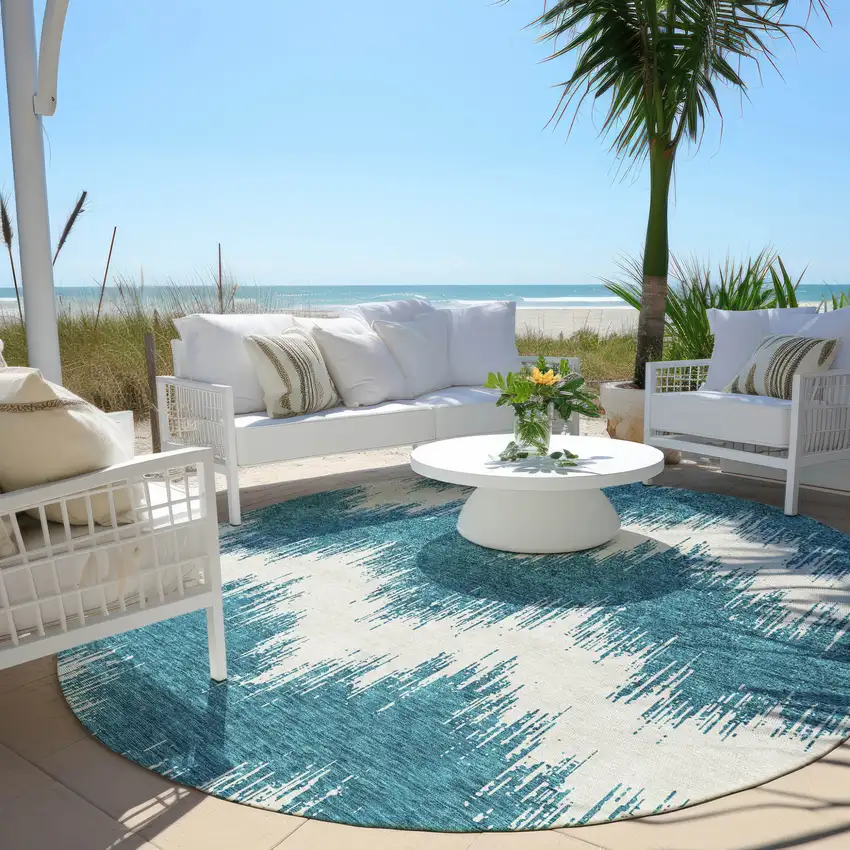 8' Teal Blue And Ivory Round Chevron Washable Indoor Outdoor Area Rug Photo 7
