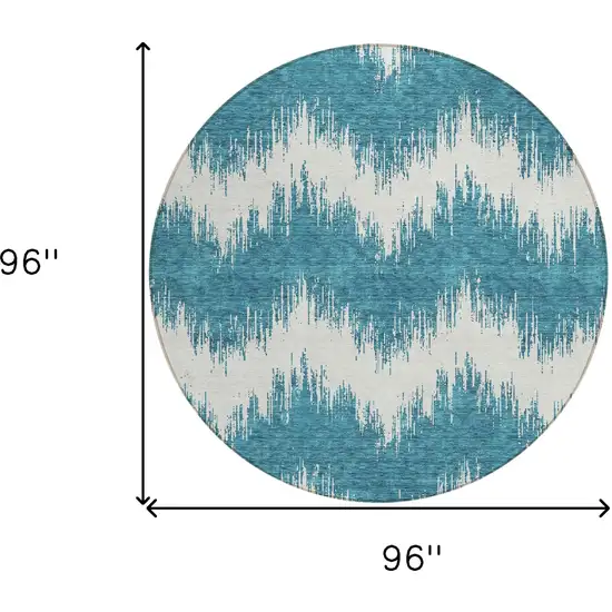 8' Teal Blue And Ivory Round Chevron Washable Indoor Outdoor Area Rug Photo 3