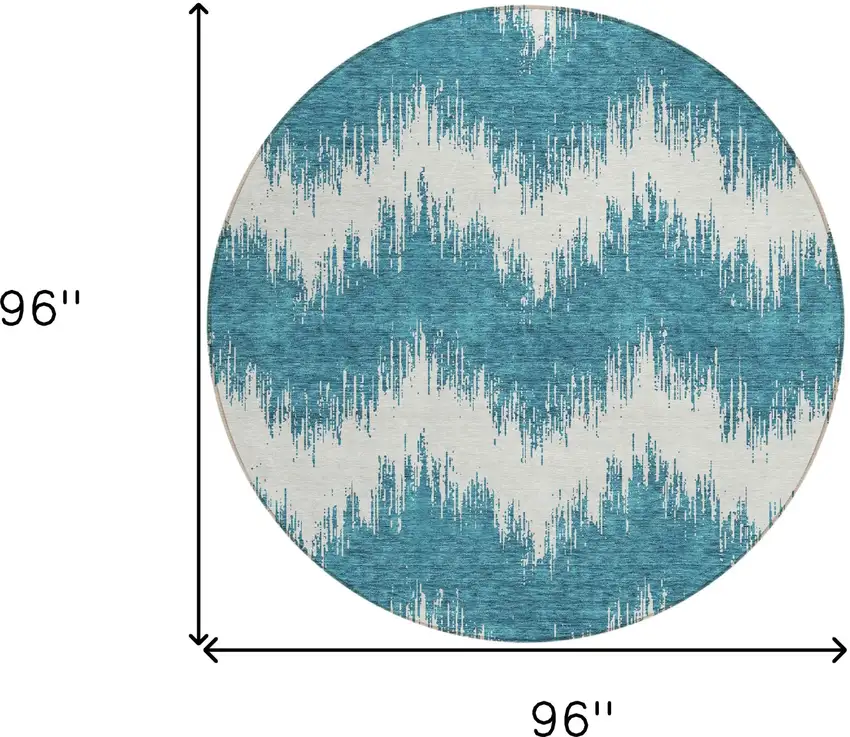 8' Teal Blue And Ivory Round Chevron Washable Indoor Outdoor Area Rug Photo 3