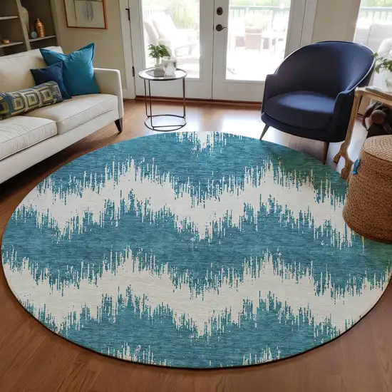 8' Teal Blue And Ivory Round Chevron Washable Indoor Outdoor Area Rug Photo 8