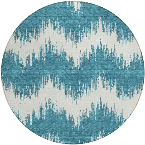 8' Teal Blue And Ivory Round Chevron Washable Indoor Outdoor Area Rug Photo 2