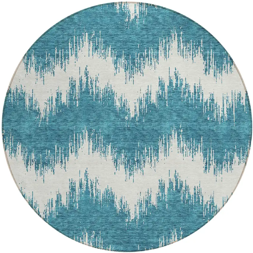 8' Teal Blue And Ivory Round Chevron Washable Indoor Outdoor Area Rug Photo 2