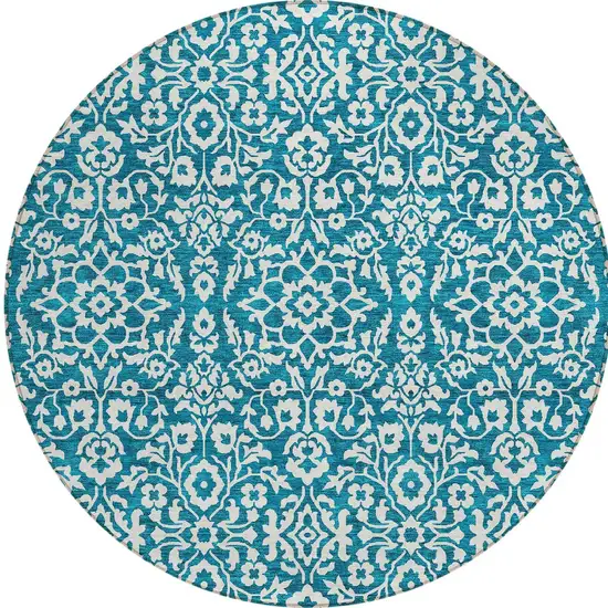 8' Teal Blue And Ivory Round Damask Washable Indoor Outdoor Area Rug Photo 4