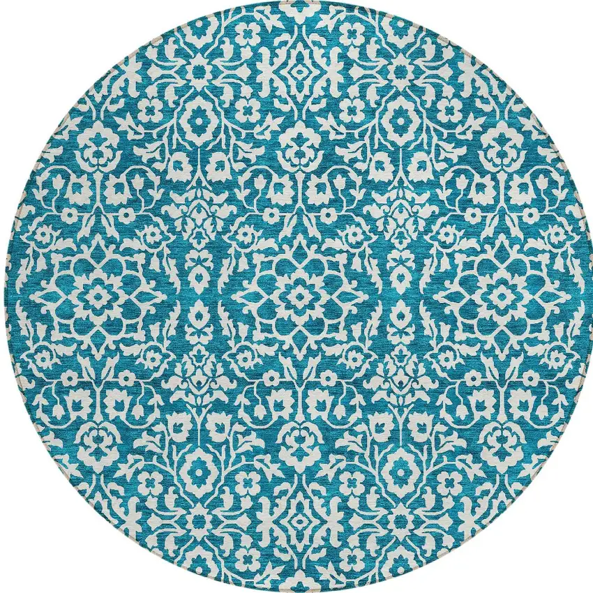 8' Teal Blue And Ivory Round Damask Washable Indoor Outdoor Area Rug Photo 4