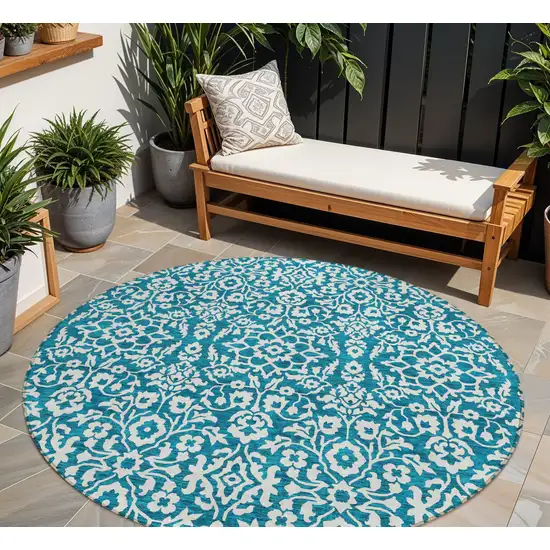 8' Teal Blue And Ivory Round Damask Washable Indoor Outdoor Area Rug Photo 1