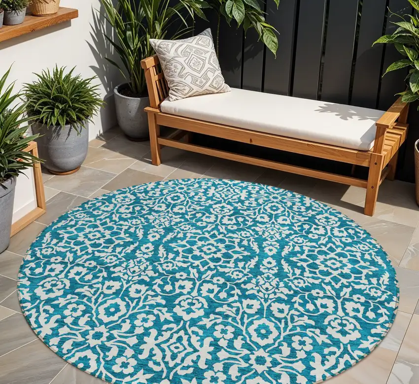 8' Teal Blue And Ivory Round Damask Washable Indoor Outdoor Area Rug Photo 1