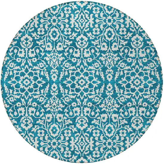 8' Teal Blue And Ivory Round Damask Washable Indoor Outdoor Area Rug Photo 5