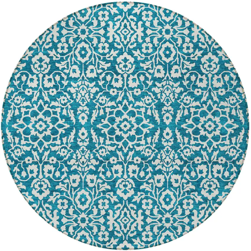 8' Teal Blue And Ivory Round Damask Washable Indoor Outdoor Area Rug Photo 5