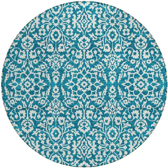 8' Teal Blue And Ivory Round Damask Washable Indoor Outdoor Area Rug Photo 2